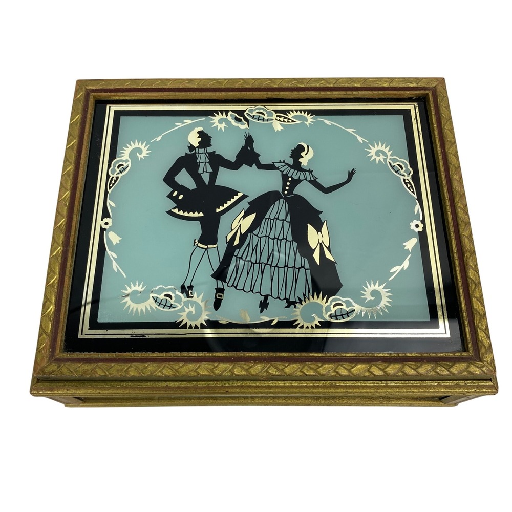 Vintage Victorian Couple Dancing Mirror Jewelry Box‎ Silhouette Gold Trim Decor